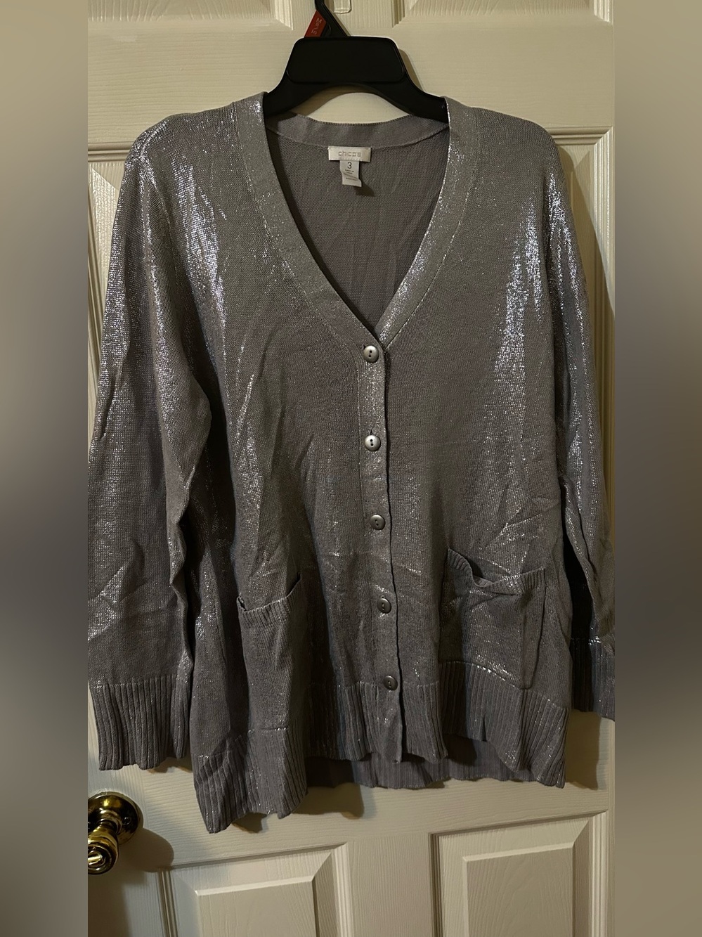 Chico's Shimmery Silver V-Neck Button Cardigan